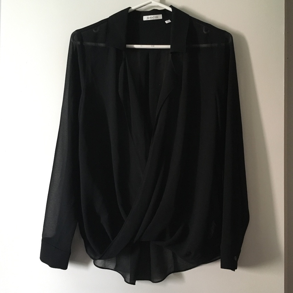 BABATON Black Chiffon Long Sleeve Plunging Draped Front Blouse S